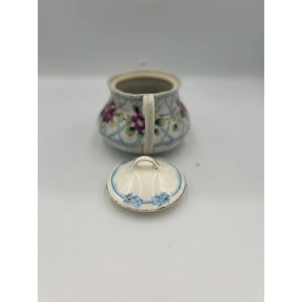 Vintage Porcelain Hand painted Floral Pink Blue Sugar Jar Double Handles Lid